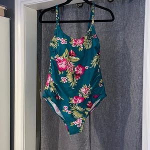 Kona Sol L Deep Turquoise Floral Print One Piece Swimsuit